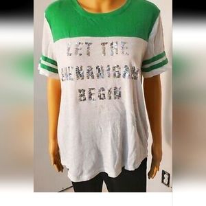 Pink Victoria Secrets let the shenanigans begin green white sequin  shirt Large